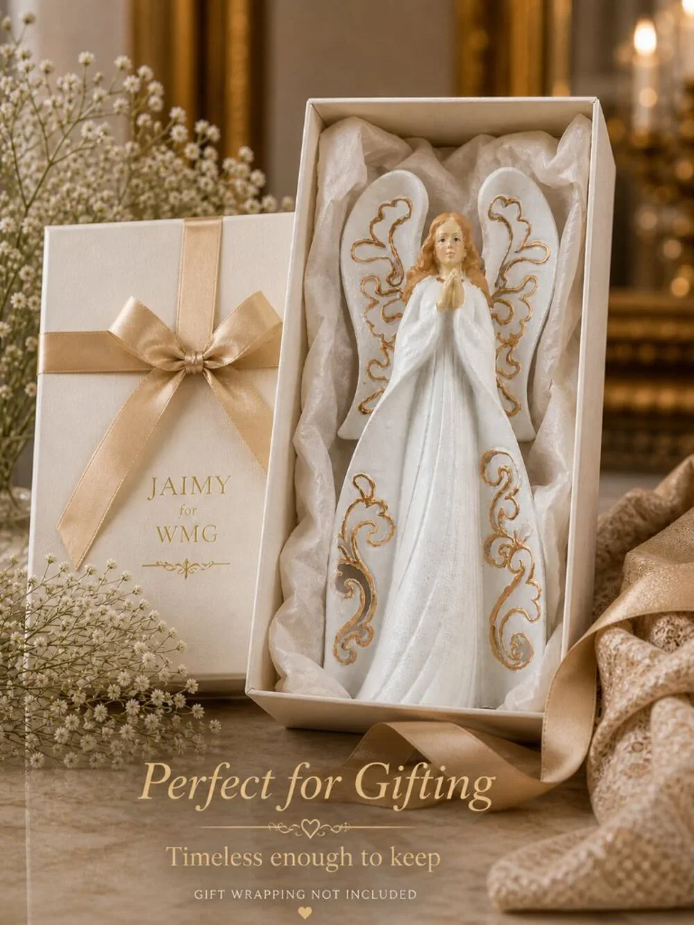 Jaimy WMG Angel Taper Candle Holder 11” White Gold Filigree NWOT Celestial Decor